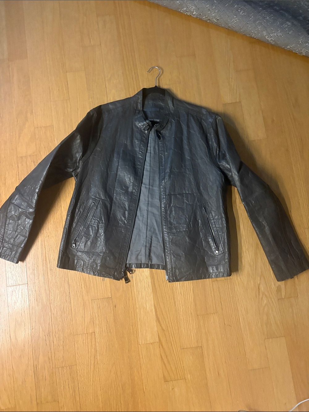 John Varvatos Dark Gray Leather Bomber Jacket
